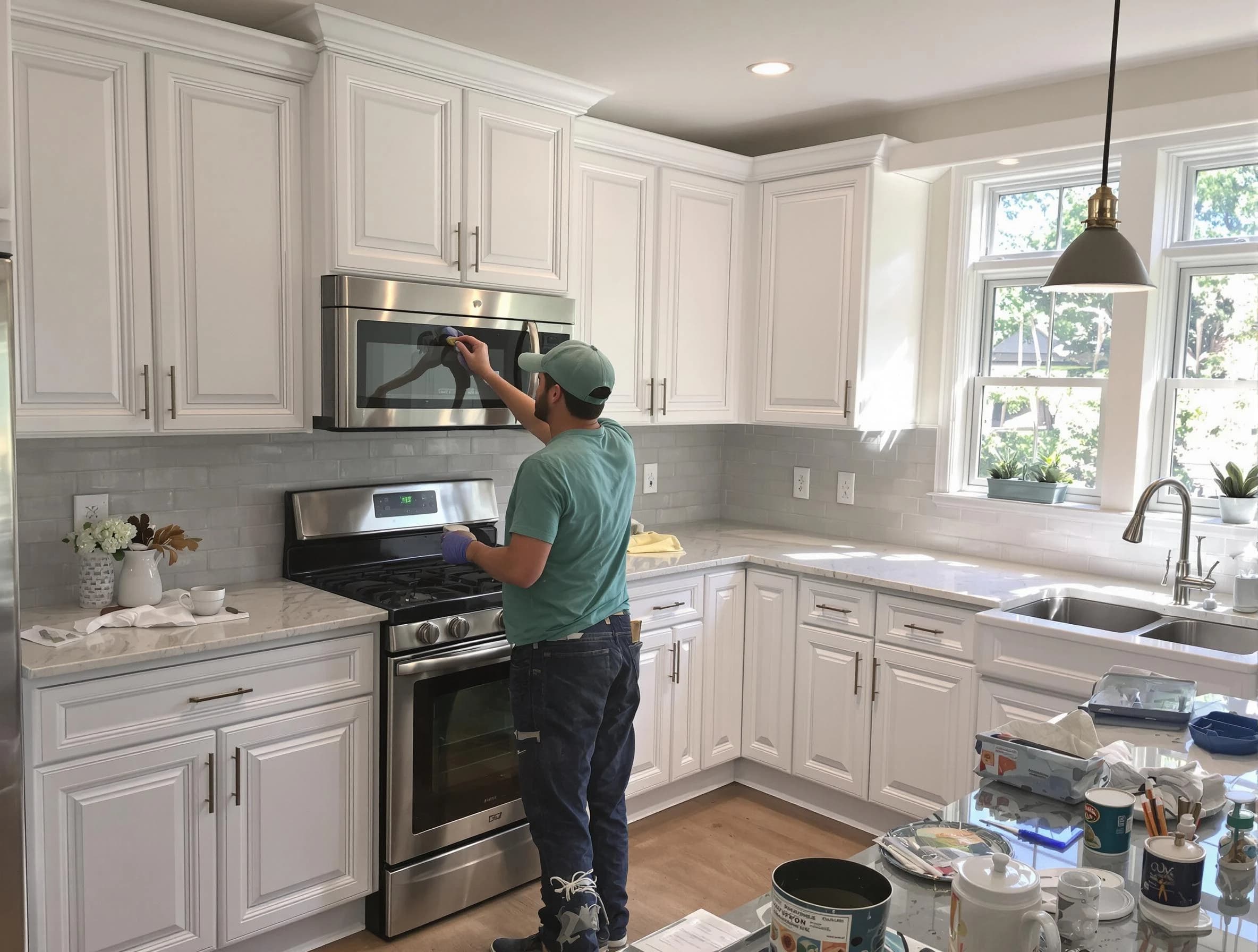 Kitchen cabinets being refinished by South Euclid House Painters in South Euclid, OH