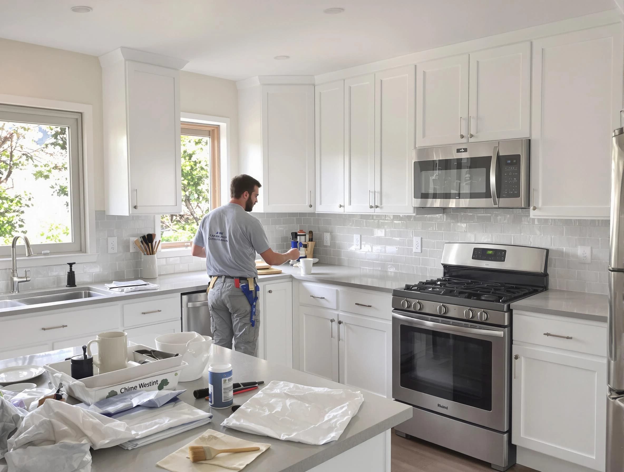 South Euclid House Painters applying fresh paint on kitchen cabinets in South Euclid