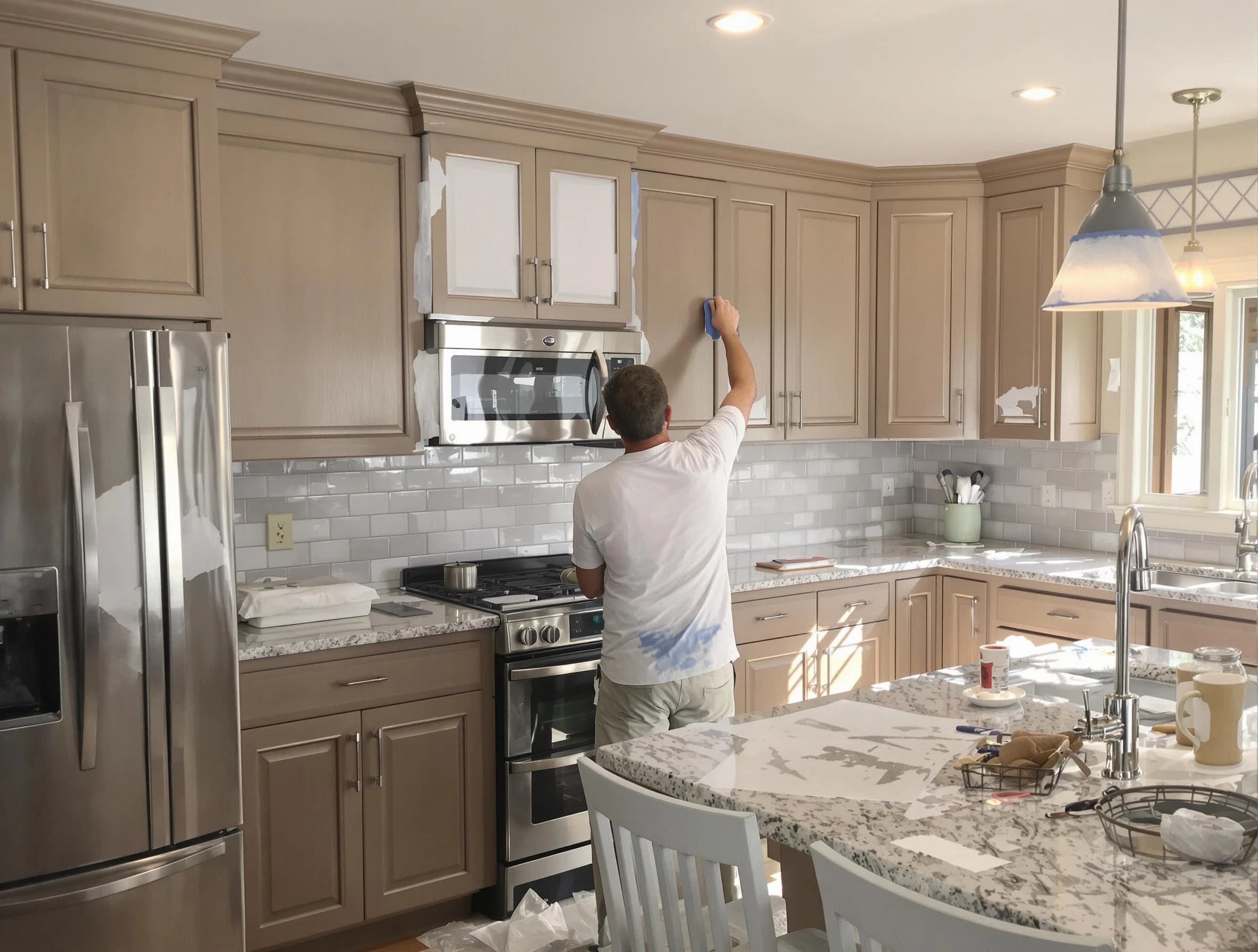 Before-and-after view of kitchen painting by South Euclid House Painters in South Euclid